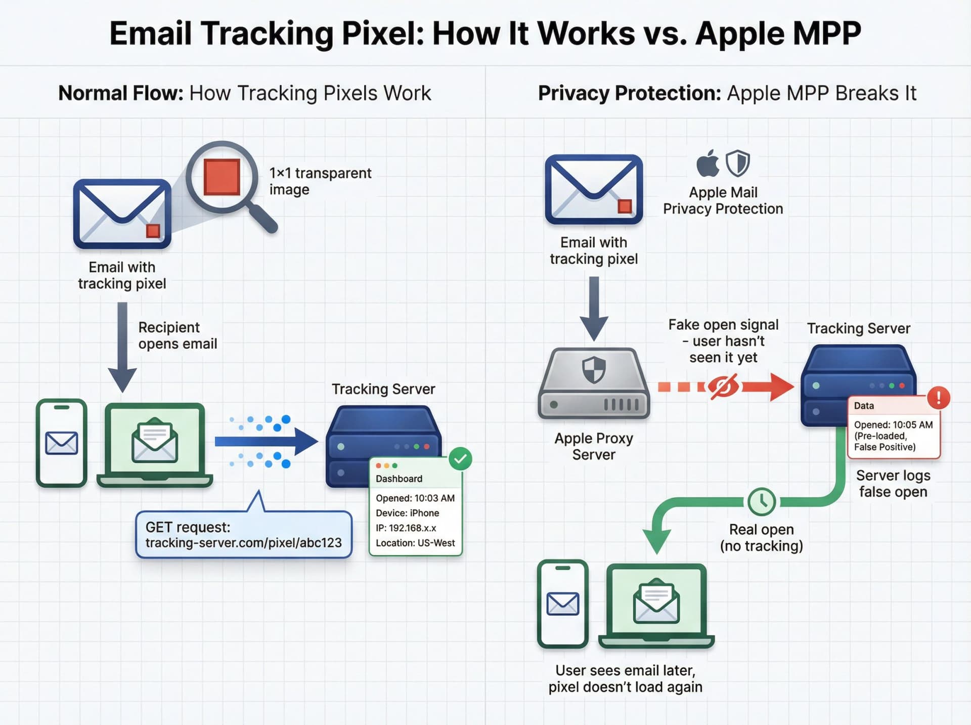 Technical diagram showing email tracking pixel workflow with Apple Mail Privacy Protection disruption