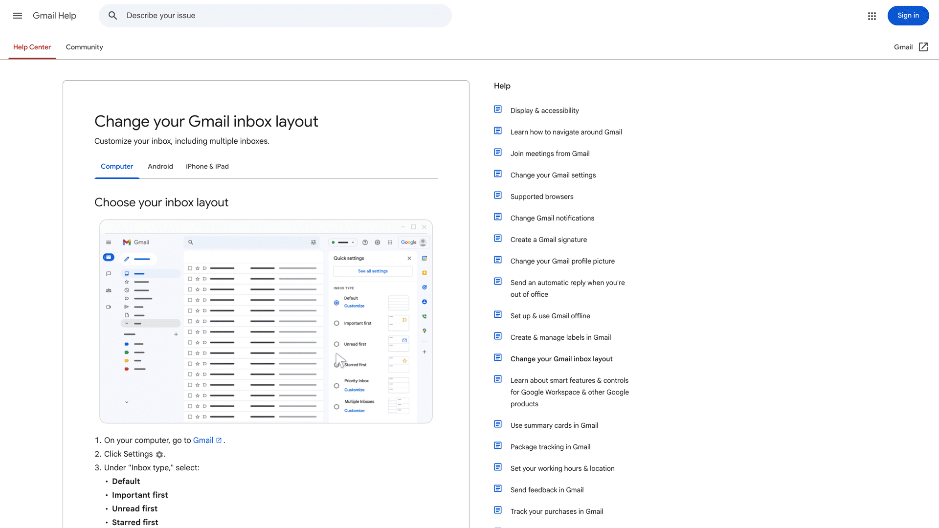 Google's official Gmail help page showing inbox layout options including Default, Important first, Unread first, and Starred first