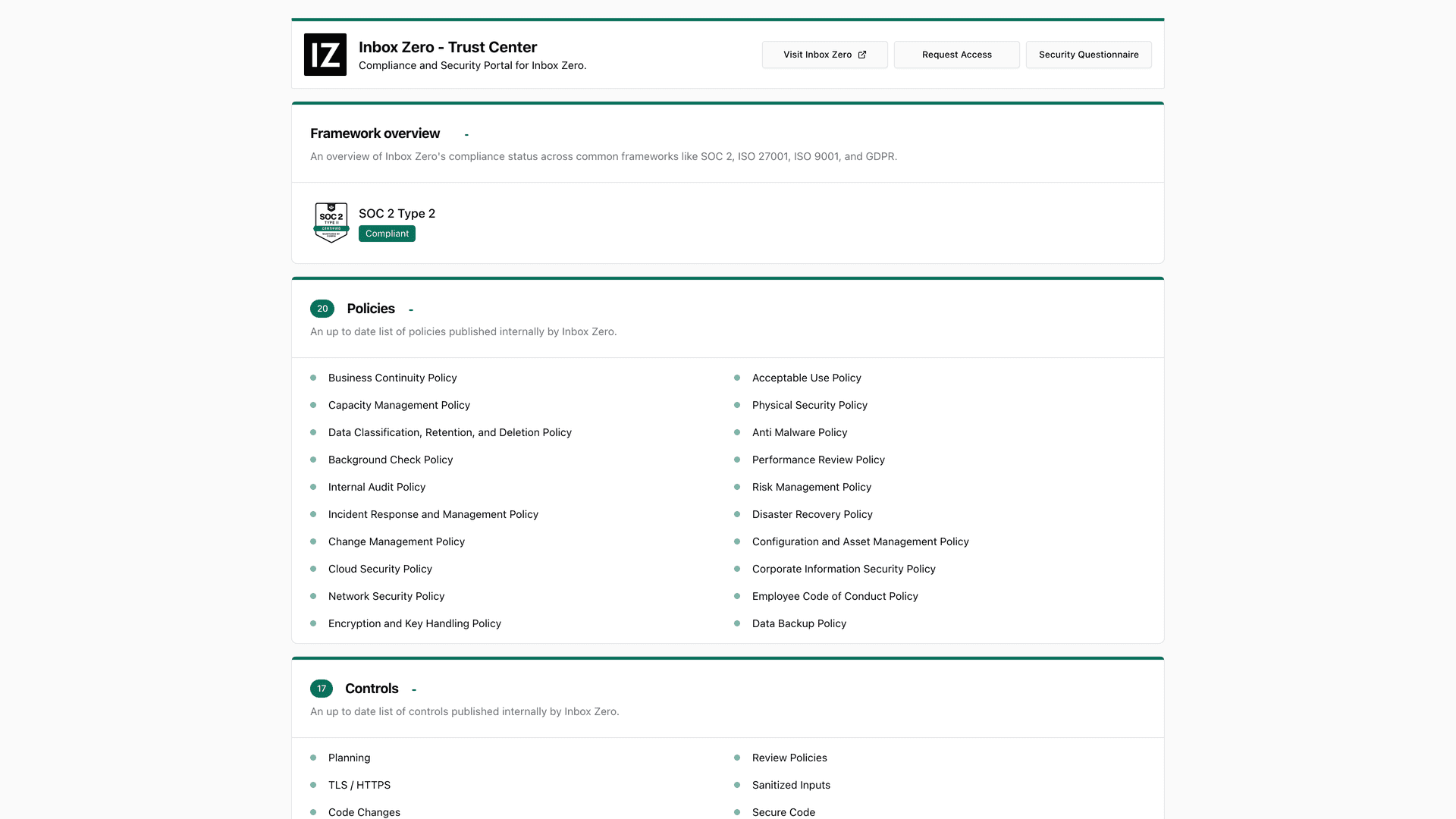Inbox Zero Trust Center showing SOC 2 Type 2 compliance badge, 20 published security policies, and 17 controls