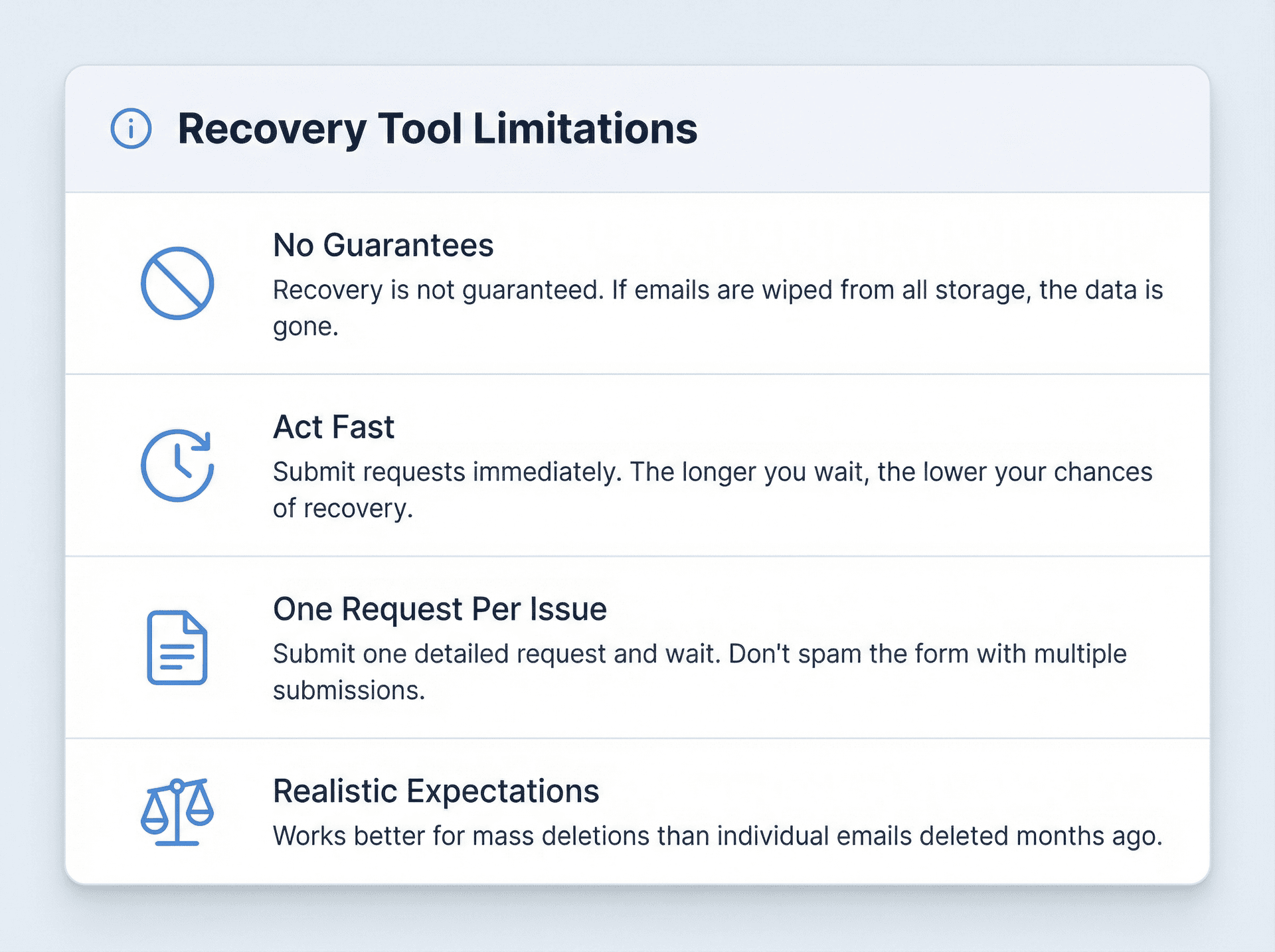 Four critical limitations of Gmail's recovery tool: no guarantees, act fast, one request per issue, realistic expectations