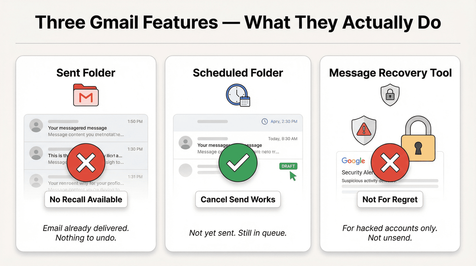 Editorial illustration comparing Gmail Sent Folder, Scheduled Folder, and Message Recovery Tool showing what each can and cannot do