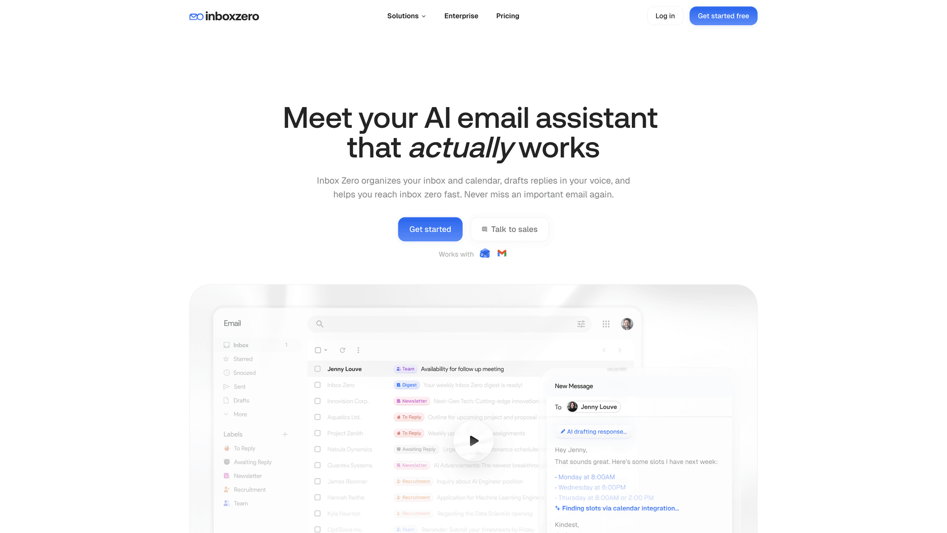 Inbox Zero homepage showing AI email assistant product with headline "Meet your AI email assistant that actually works"