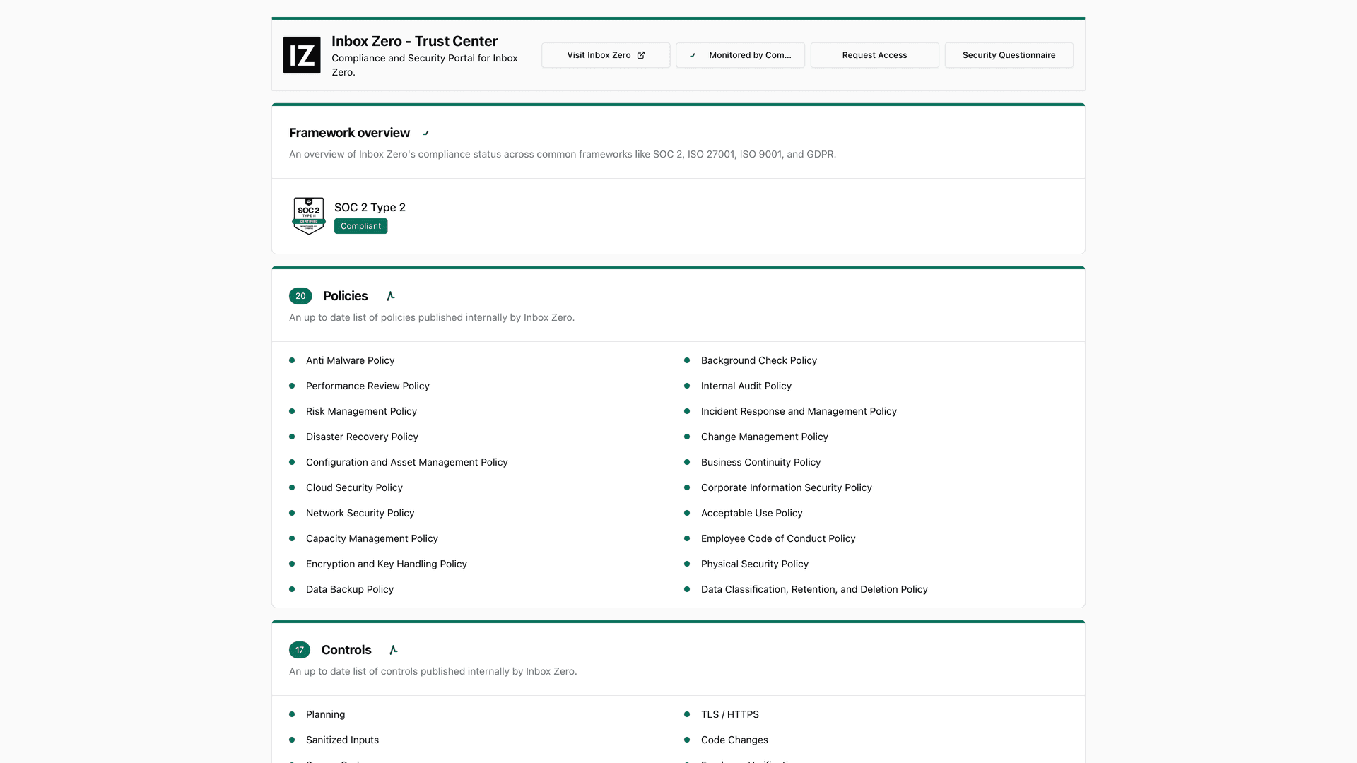 Inbox Zero security trust center showing SOC 2 Type 2 compliance status with published policies and security controls